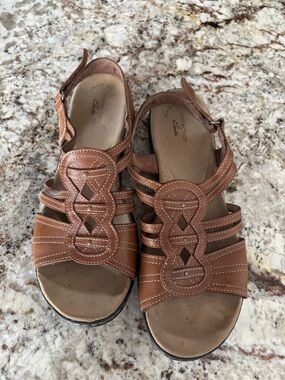 Clarks Tan Leather Decorative-Strap Sandals